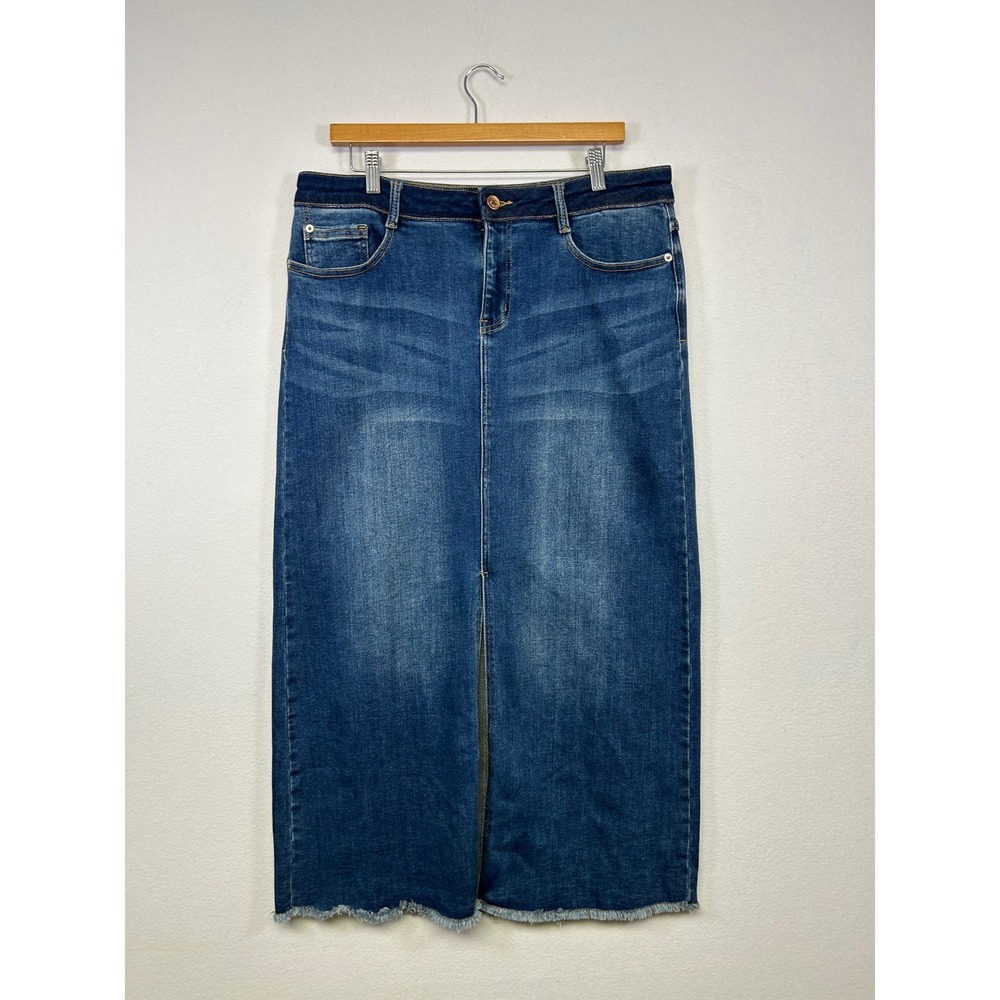 Boho Tribal‎ Jeans Women 14 Blue Denim Maxi Skirt Raw Hem Front Slit Stretch